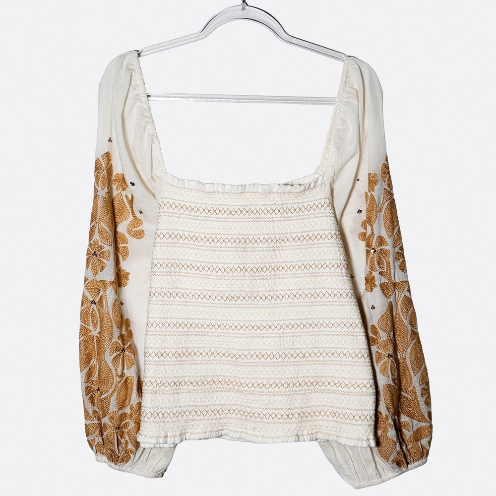 Anthropologie Boho Luxe Smocked Blouse Tan Embroidery Plus Size 1X XL Romantic - Picture 3 of 9
